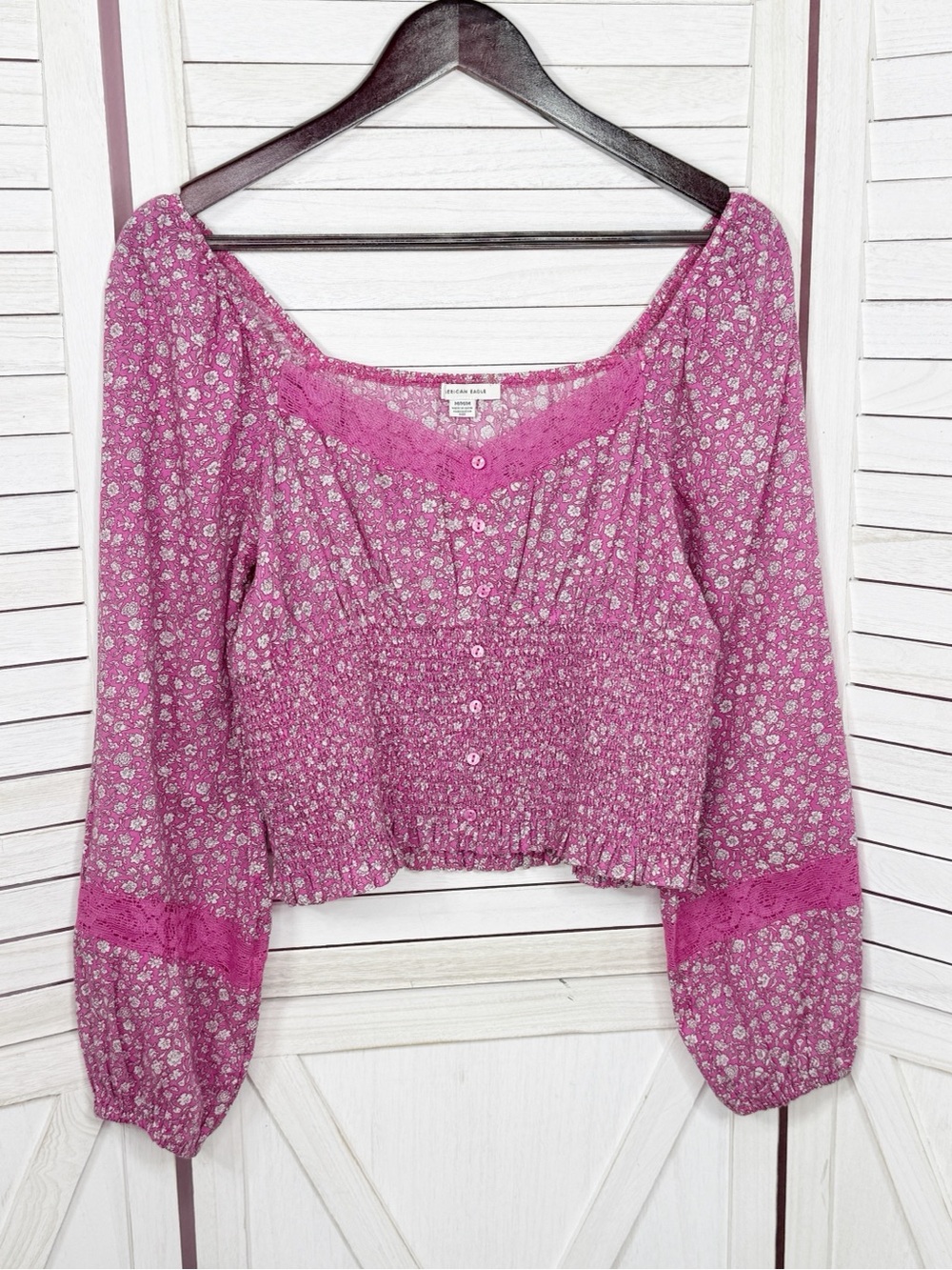 American Eagle Floral Smocked Puff Sleeve Crop Top Pink Medium Cottagecore - Picture 7 of 12